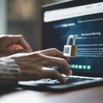 Digital padlock icon displayed on laptop screen representing secure information and data protection