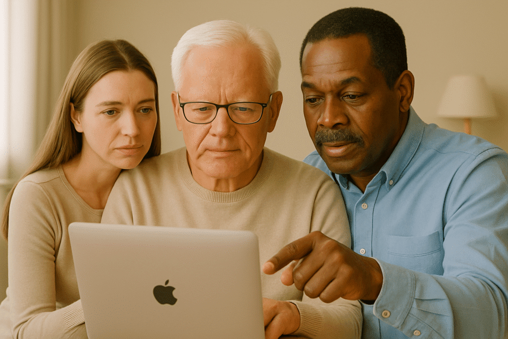 Older man and woman receiving computer assistance from a man pointing at a laptop.